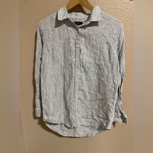 Quince White and Blue Striped Button-Down Linen Shirt